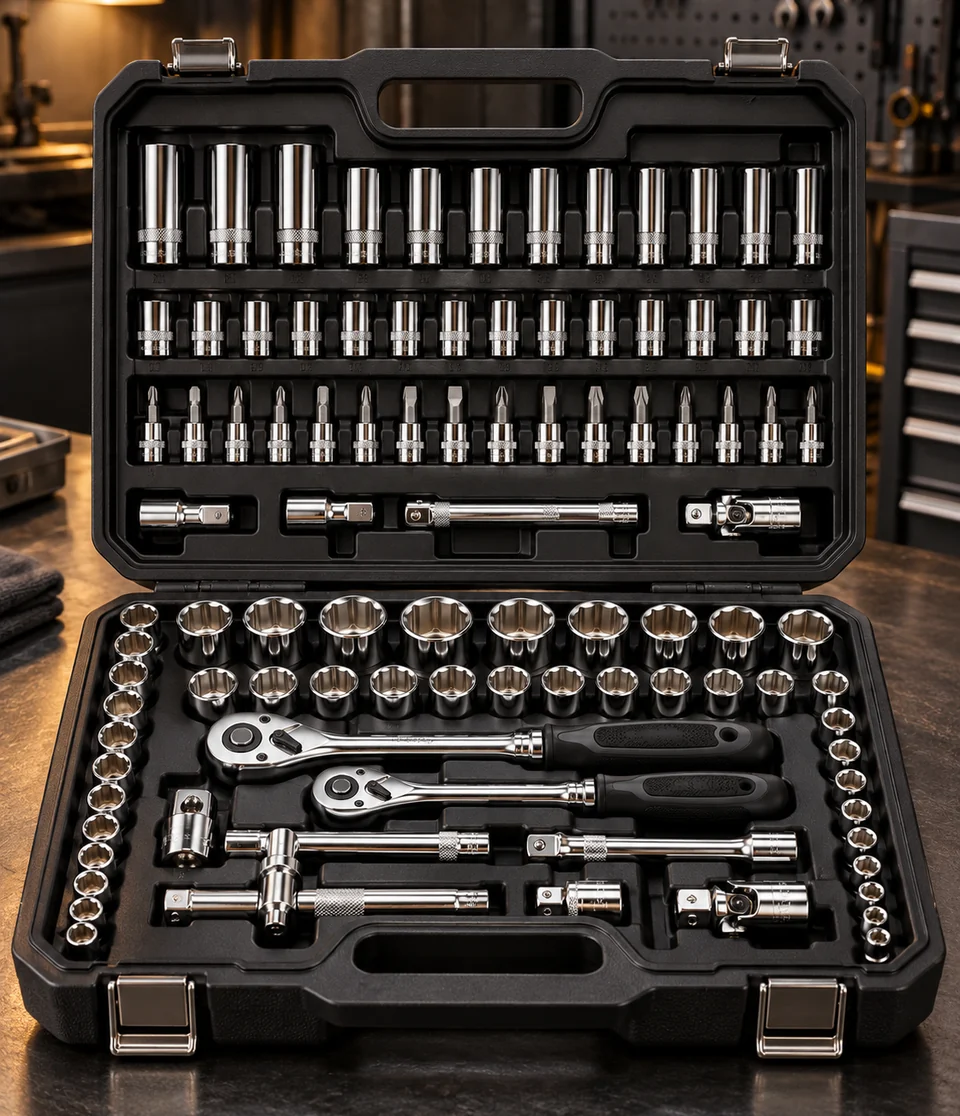 Chrome socket and ratchet set