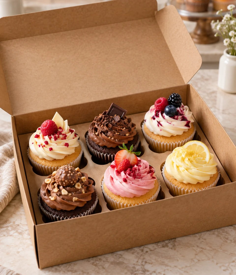 Open box of six decorated cupcakes