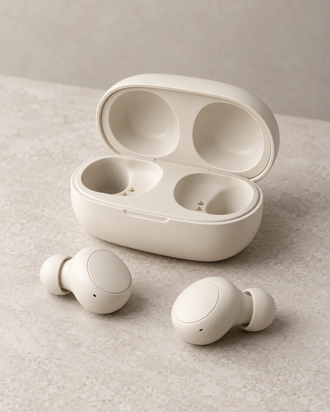 Cream wireless earbuds with an open charging case