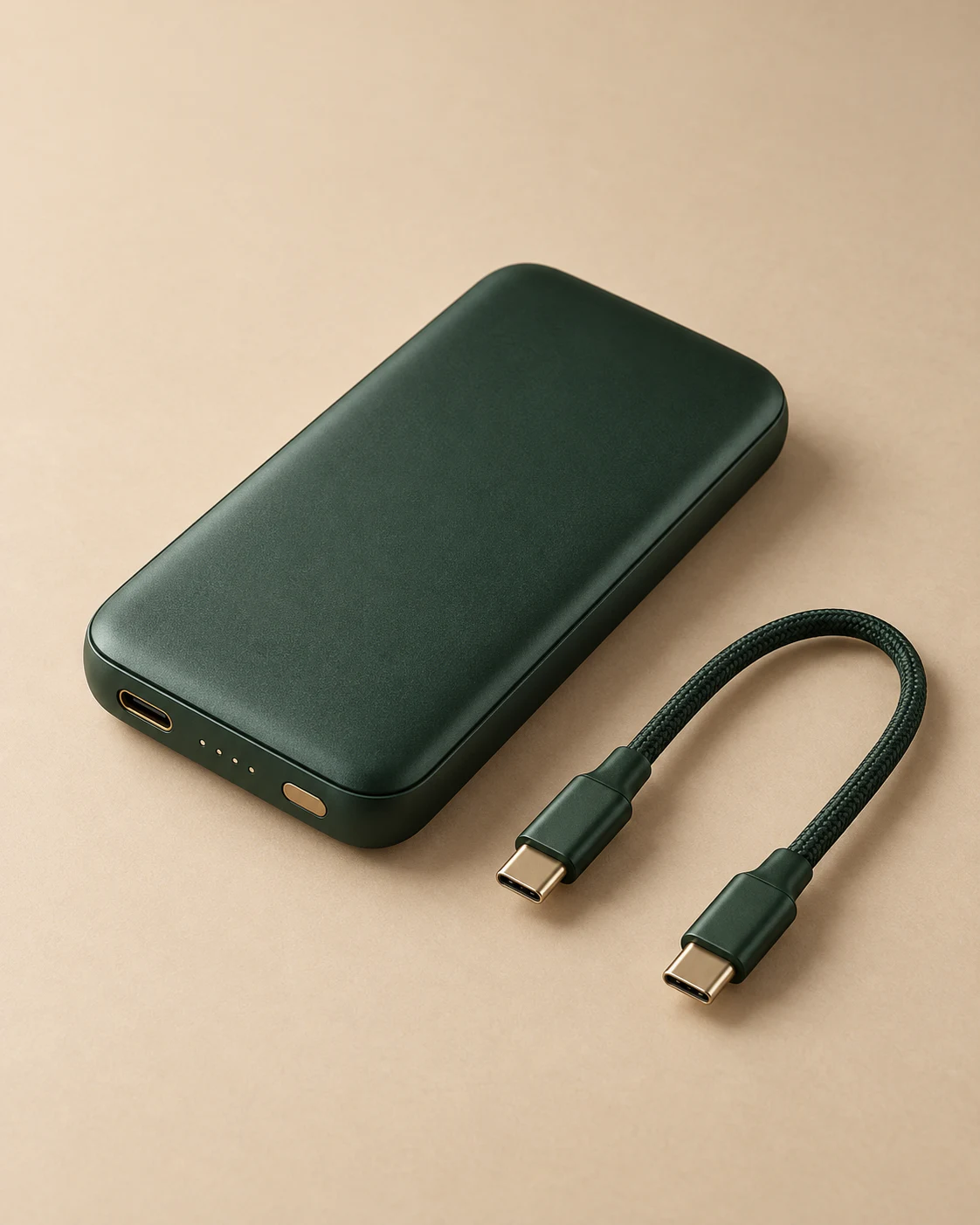 Deep green portable charger with a woven USB-C cable