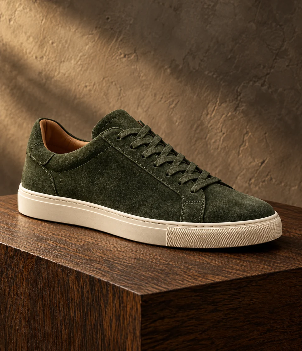 Forest-green suede low-top sneaker