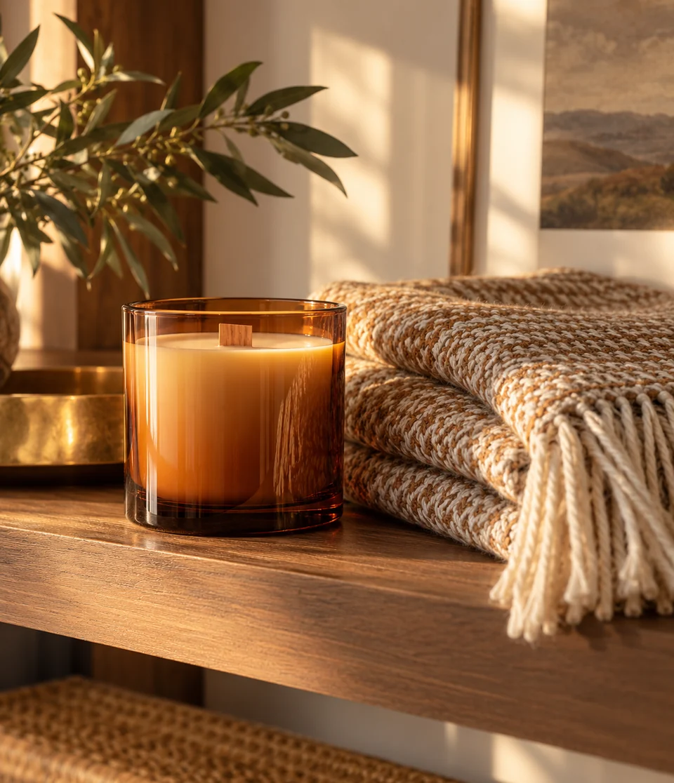 Amber candle and woven throw