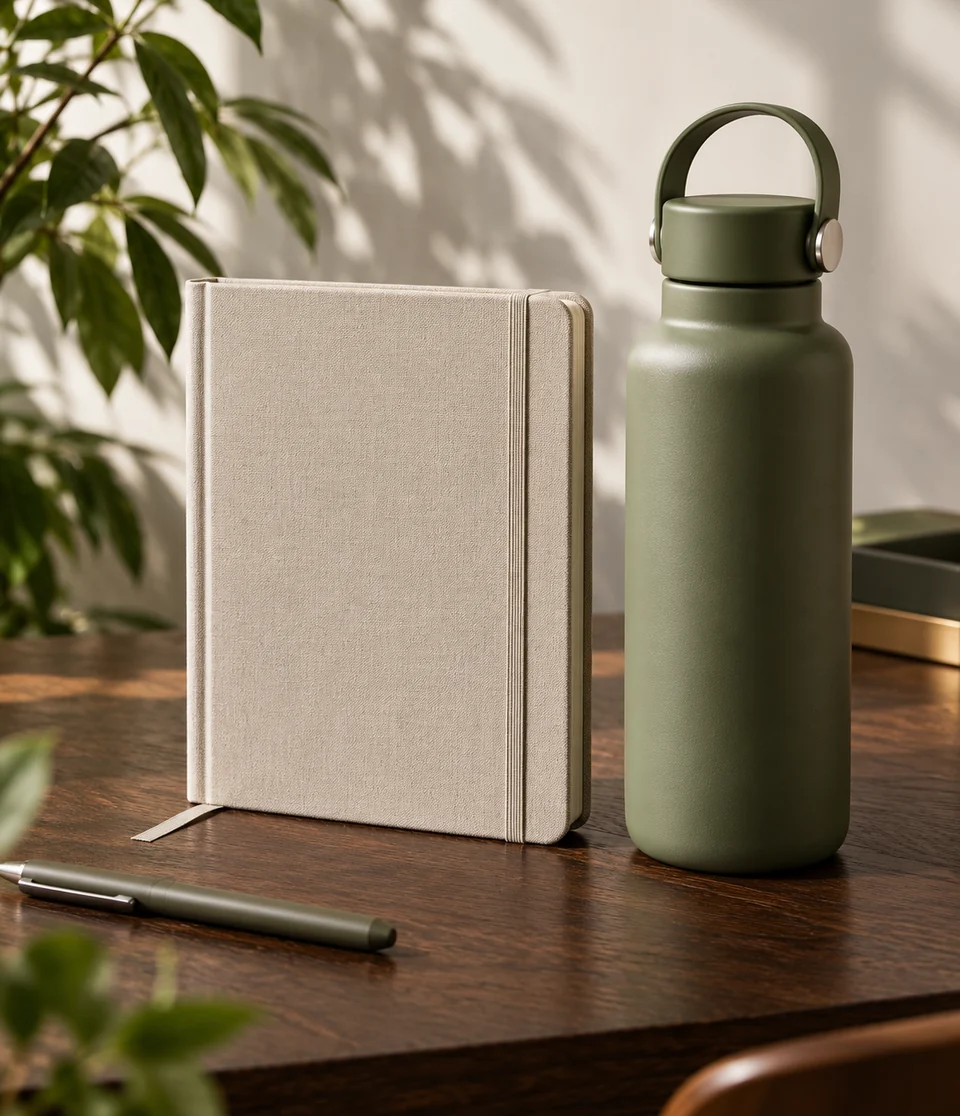 Fabric notebook and reusable bottle