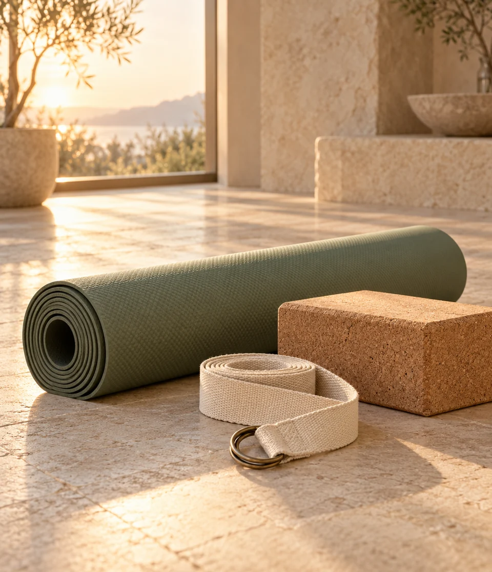 Yoga mat, cork block and strap