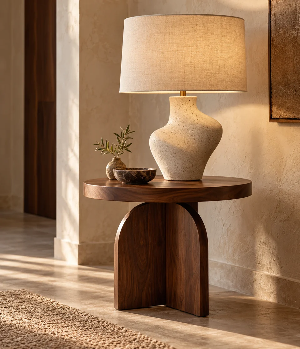 Walnut side table and ceramic lamp