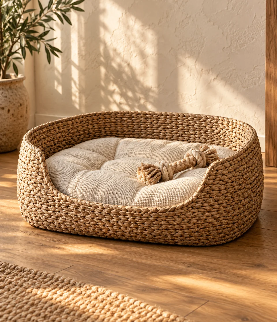 Woven pet bed and rope toy